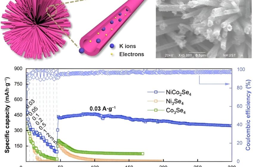 Les électrodes à nanotubes creux améliorent les performances des batteries potassium-ion
