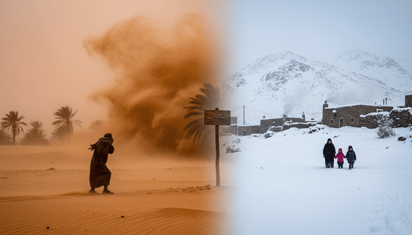 DGM alerte orange: rafales et chasse-sables à Figuig, neige 10–25 cm sur l'Atlas