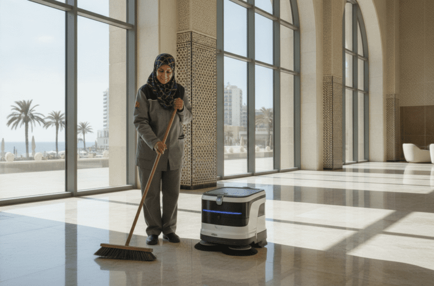  Agente d’entretien de 56 ans à Pékin travaille aux côtés d’un robot