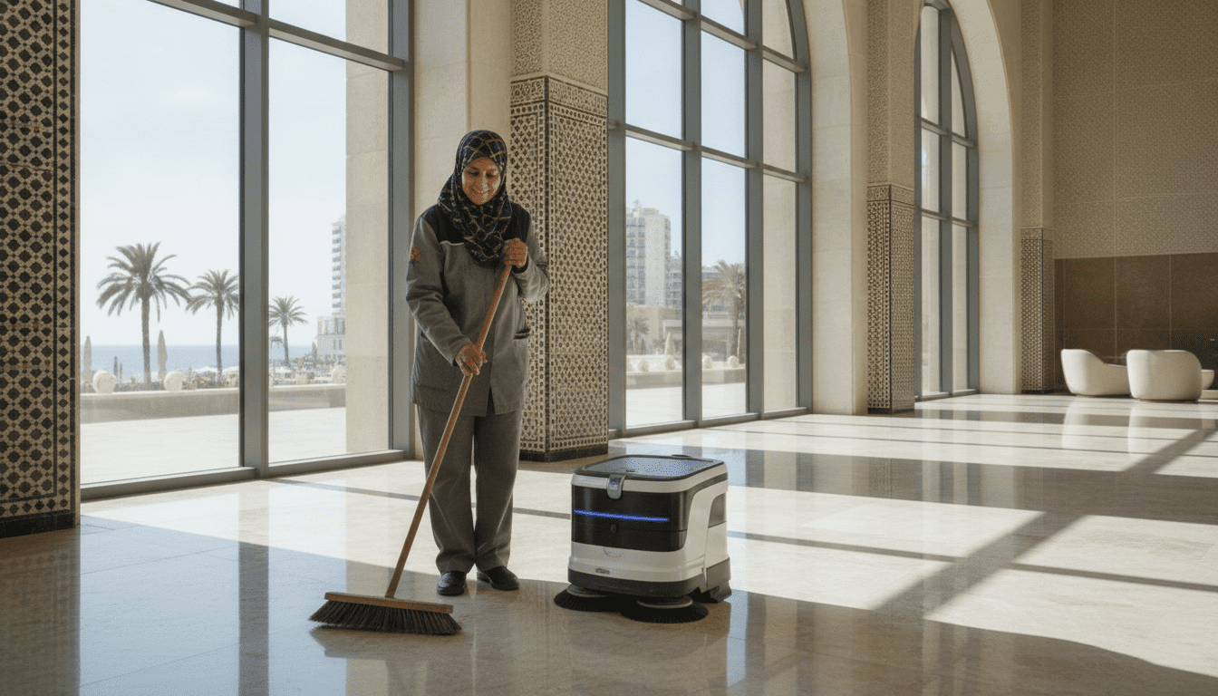 Agente d’entretien de 56 ans à Pékin travaille aux côtés d’un robot