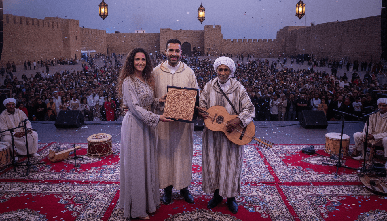 Hind Ennaira et Najib Oubelquas honorent Maâlem Mustapha Baqbou au Festival Gnaoua d'Essaouira